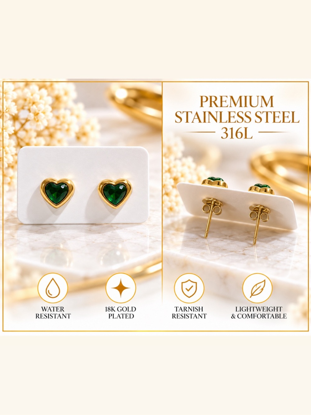 Gold-Plated Heart Stud Earrings with Emerald Green Stone